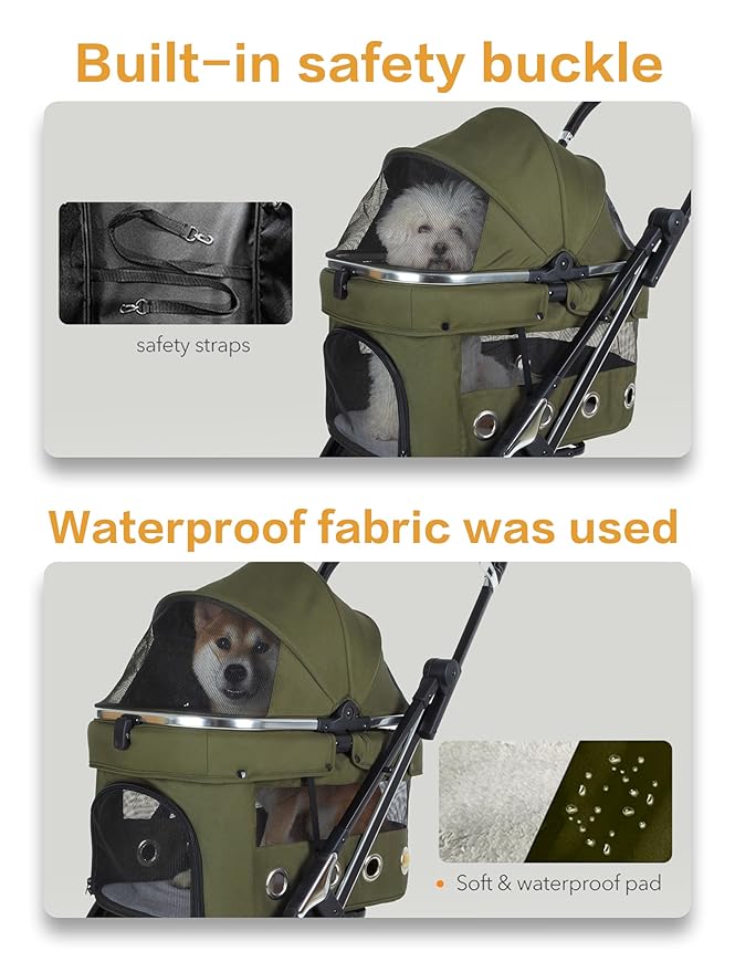 JK Pawadore 4 Wheels Pet Stroller Best Lightweight Foldable Portable Secure Easy Lock NO-Zip 180 ̊ Canopy Sun Shades Waterproof for Small/Medium Dogs 33lbs with Large Storage Basket (Army Green)