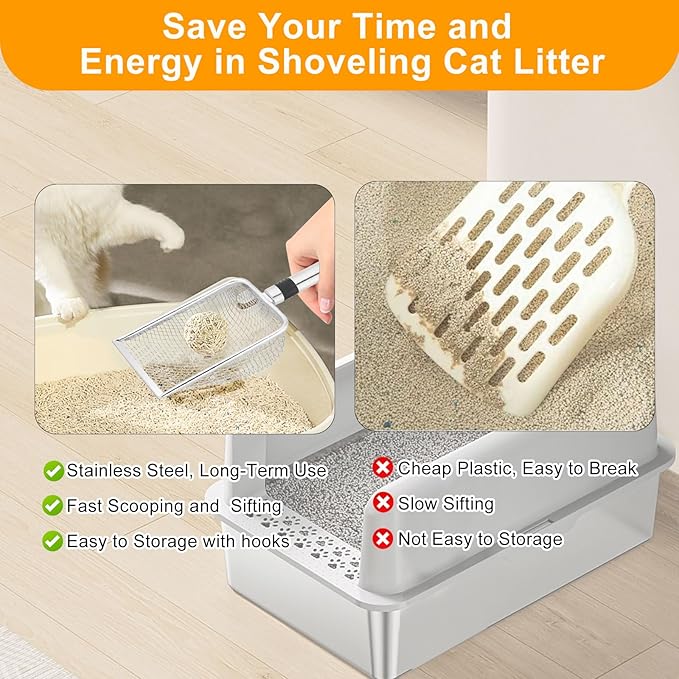 AccEncyc Cat Litter Scoop 2PCS Stainless Steel Mesh Litter Shovel Poop Sifting Litter Box Scooper with 2 Self-Adhesive Hooks, Kitten Pooper Lifter for Litter Box