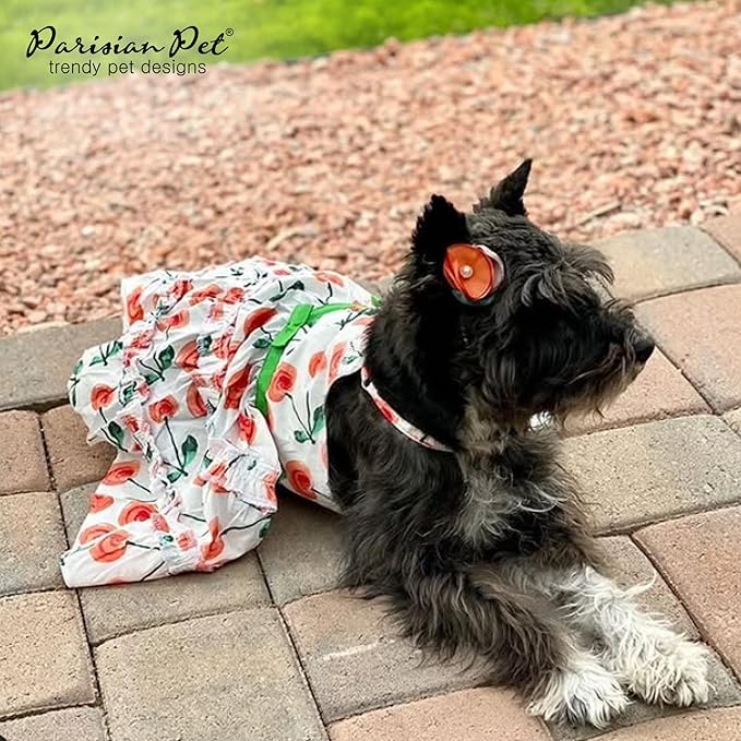 Parisian Pet Boho Dog Dress - Red Poppies Summer Clothes - Velcro Closure Girl Dog Dress - Lightweight, Cotton - Medium, Dressy Outfit - Beach Outfit