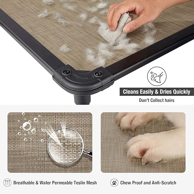 Veehoo Chew Proof Elevated Dog Bed - Cooling Raised Pet Cot - Rustless Aluminum Frame and Durable Textilene Mesh, Unique Designed No-Slip Feet for Indoor or Outdoor Use, Beige Coffee, Medium