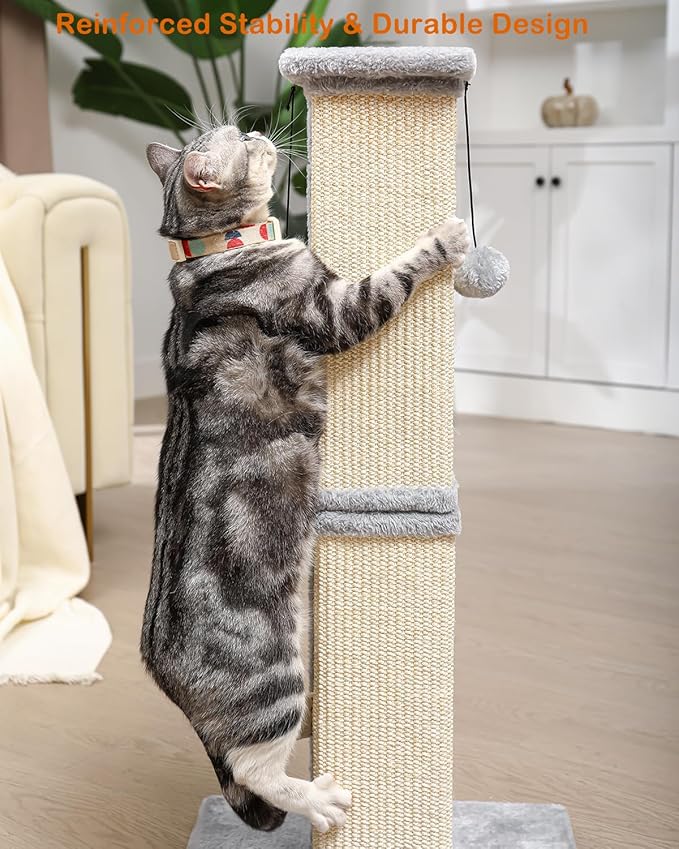 Cat Scratching Post, 33Inch Tall Cat Scratch Post for Indoor Cats Adults and Kitten, Sisal Cat Scratcher with Hanging Balls (Grey)