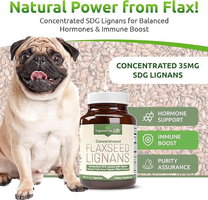 Lignans for Life Flaxseed Lignans for Dogs & People + SDG - Omega 3 Fatty Acids, High Fiber Antioxidants - Improve Shiny Coat, Digestive & Heart Health for Dogs, 35mg, 90 Flaxseed Capsules, 1 Pack