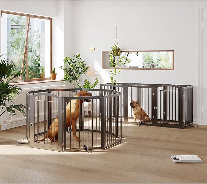 JSB 192-inch Extra Wide 30-inch Tall Dog gate with Door Walk Through,Full Matel Freestanding Round Tube Pet Gate for Halls Stairs, Puppy Safety Dog Fence with 4PCS Support Feet (Black)