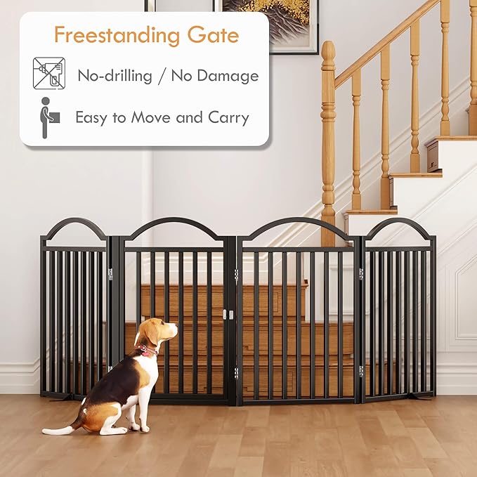 UDD Dog Gate Indoor 96" Extra Wide, 32" Tall Foldable Pet Gate with Door for Stairs Doorways Hallways Porch, Freestanding No Drilling Metal Pet Fence for Dogs Puppy, Black 4-Panel