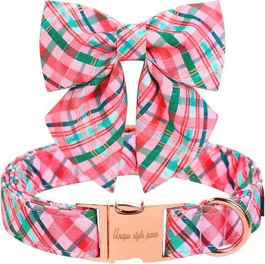 Unique style paws Dog Collar with Tie Pink & Green Plaid Dog Collar Best Gifts for Small Medium Large Dogs -XS