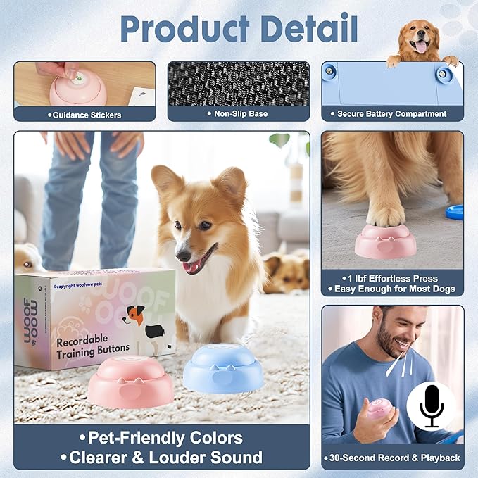 Recordable Dog Buttons, Loud 30-sec Voice Recording Buttons, Pet, Dog, Cat Buttons for Communication, Training and Talking Buttons for Small Dogs, with Training Manual, and Stickers, 2 Buttons