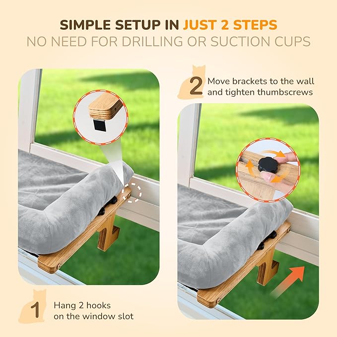 45LBS Capacity Cat Window Perch with Bolster, Hammock Seat with Plywood & Metal Frame, Cat Window Bed for Indoor Cats & Kitten, Extra Cood Pad (Natural Wood & Gray Cushion, 24.8''W x 9.4''H)