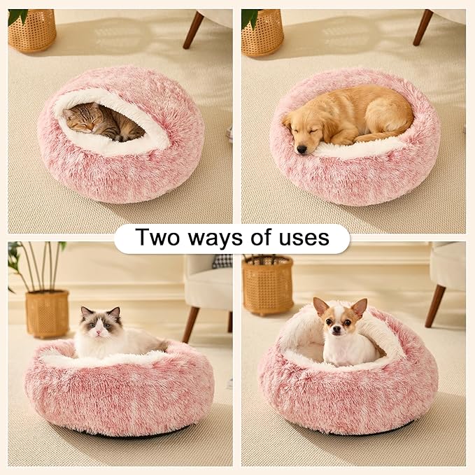 Calming Bean Mush Beds & Cat Cave with Hooded Cover, Removable Washable Round Beds for Small and Medium Pets, Anti-Slip Faux Fur, Fits Up to 15/25 lbs