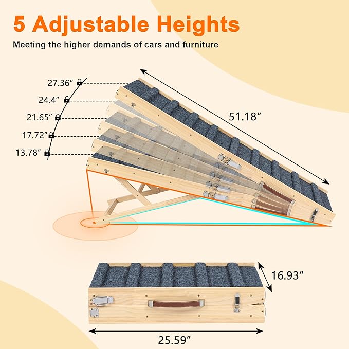 Clikuutory 2025 Upgraded Dog Ramp for Couch, 51.2" Foldable Small Dog Ramp for Bed, 5 Adjustable Height from 14" to 28", Portable Stable Pet Steps with Anti-Slip Carpet for Low Bed Couch Stairs, Wood