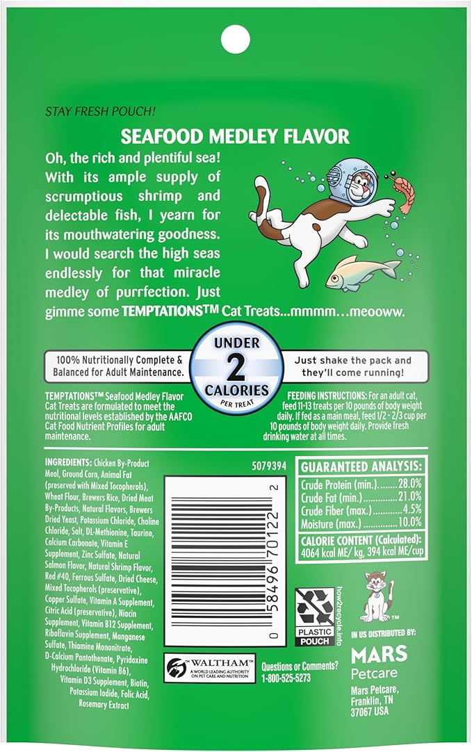 Temptations Classic Crunchy and Soft Cat Treats, Seafood Medley Flavor, 3 oz. Pouch (Pack of 12)