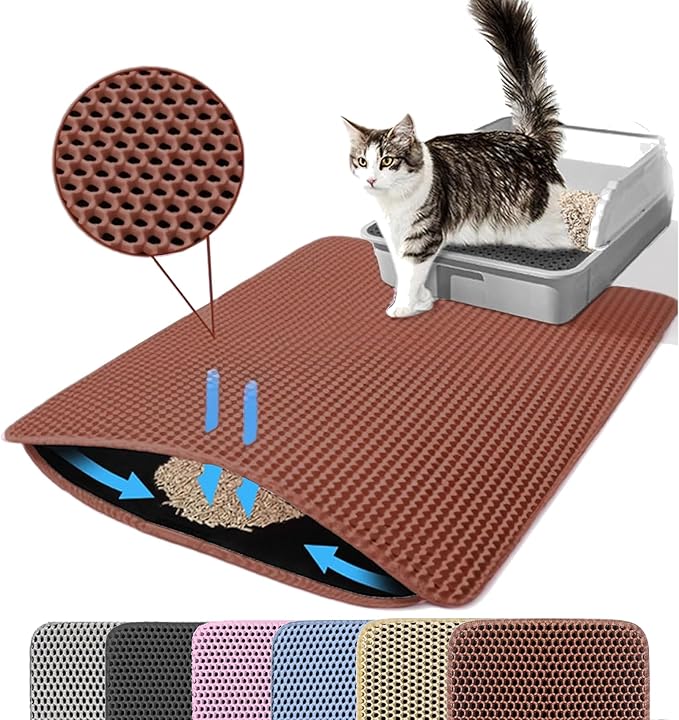 Cat Litter Mat, 24x18 Inches Large Double Layer Honeycomb Cat Litter Trapping Mat, Non Slip Waterproof Urine Proof Cat Litter Box Mat for Floor, Kitty Litter Rug, Cat Supplies, Brown