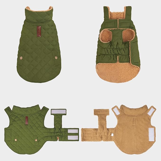 azuza Dog Jacket Waterproof & Windproof Dog Coat for Small Dogs with Thick Fleece, High Collar with Leash Hole, Adjustable Velcro & Elastic Belly, Army Green XL