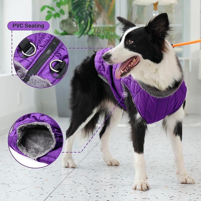 Warm Fleece Dog Coats with Durable Harness Buitl in D-Ring,Waterproof Puppy Jacket for Small Dogs,Dog Vest for Cold Winter,Purple S