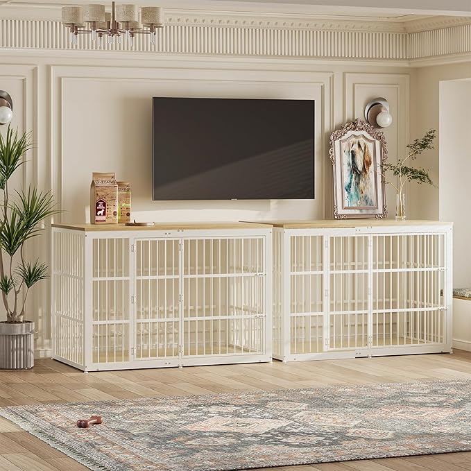 Lyromix 54" Dog Crate Furniture with Foldable Door, XXL Dog Crates for Large Dogs, Wooden Decorative Dog Cage Kennel Indoor End Table, Natural Beech