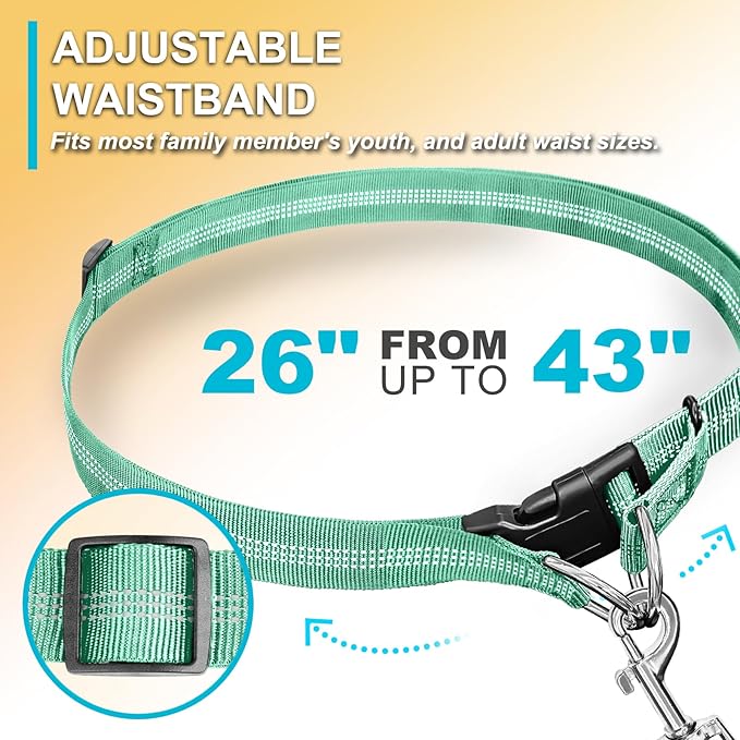 Hands Free Dog Leash, Adjustable Waist Leash for Dog, Handle Bungee 4.2-6.7 Feet Long with Reflective Stitches for Walking Hiking Running, Fits 26"- 43" Waist, Mint Green