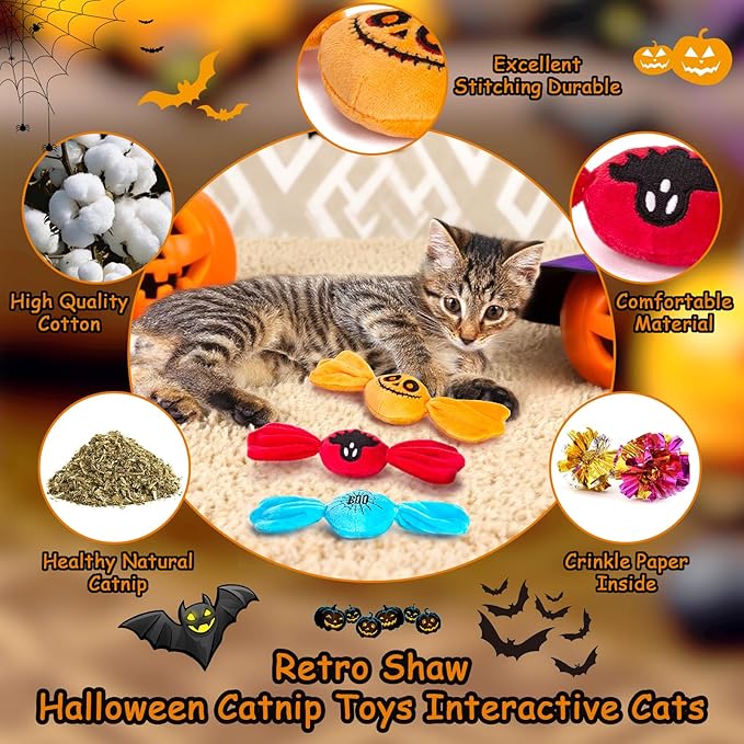 Retro Shaw Cat Toys Sweet Treats,3PCS Candy Catnip Toys with Crinkle Sound Inside,Trick or Treat for Halloween Kitten Toys,Interactive Indoor Kitty Kicker for All Breeds