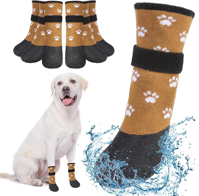 BEAUTYZOO Dog Boots for Medium Dogs, Dog Boots & Paw Protectors for Winter Snowy Day Summer Hot Pavement, Waterproof Dog Booties for Hardwood Floors, 6 PCS Grip Socks Shoes for Dogs, Khaki M