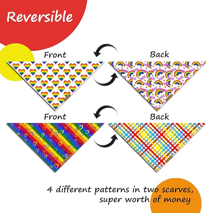 Pride Dog Bandanas 2 Pack, 4 Pattern Reversible LGBTQ+ Rainbow for Boy and Girl, Premium Long-Lasting Fabric, Summer Triangle Scarf for Medium to X-Large Breed Dogs (Large)