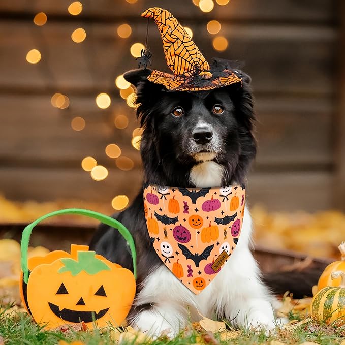 Halloween Dog Bandanas - 2 Pack Purple Dog Bandana with Snap Button | Reversible Pet Scarf for Boy & Girl | Premium Durable Fabric | Holiday Bandana for Small and Medium Dogs (Small)