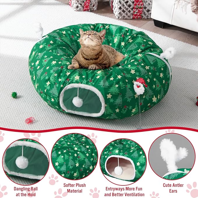 Christmas Cat Tunnel Bed with 8 Cat Toys Fluffy Plush Dog Tunnel Bed with Washable Cushion and Dangling Balls 3FT Multifunctional Playground for Small Medium Large Rabbit(Tree,Green)