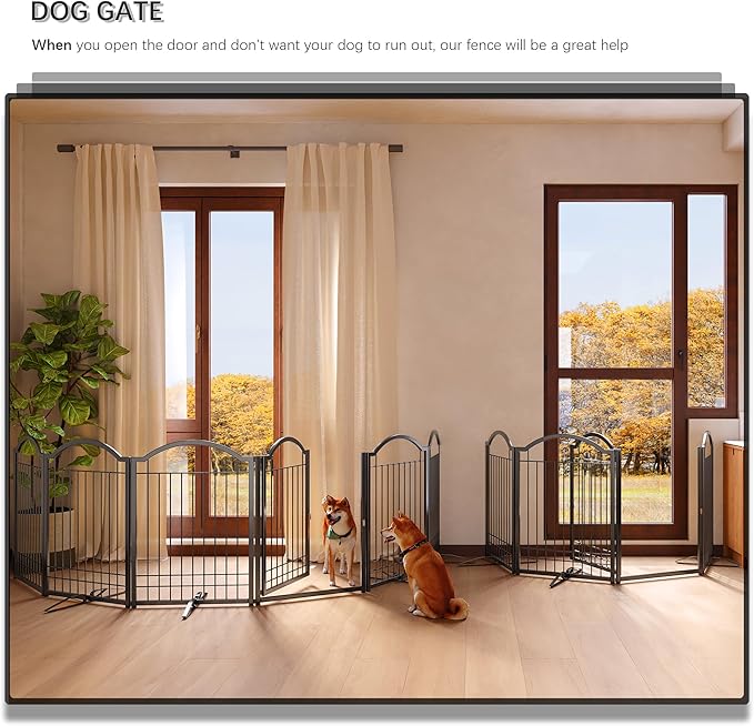 4NM Metal No Drilling Expandable Dog Gate, Extra Wide 144", Extra Tall 32" Free Standing Pet Gate with Door, Gates for Dogs Outdoor or Indoor, with 4PCS Support - Black