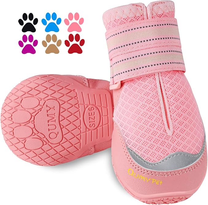 QUMY 2PCS Dog Boots for Large Dogs, Medium Dog Shoes & Paw Protectors for Hot Pavement, Summer Heat Protection, Mesh Breathable Nonslip Dog Booties for Hardfloors, Walking Running Hiking Pink Size 3
