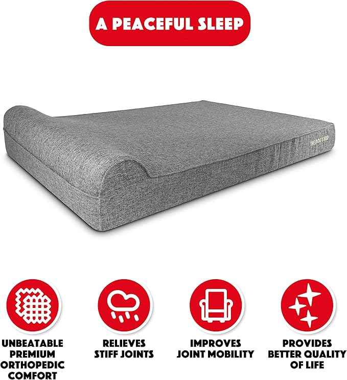 The Dog’s Bed Orthopedic Headrest Dog Bed XXXL Grey Linen, Memory Foam, Pain Relief for Arthritis, Hip & Elbow Dysplasia, Post Surgery, Lameness, Waterproof Washable Cover