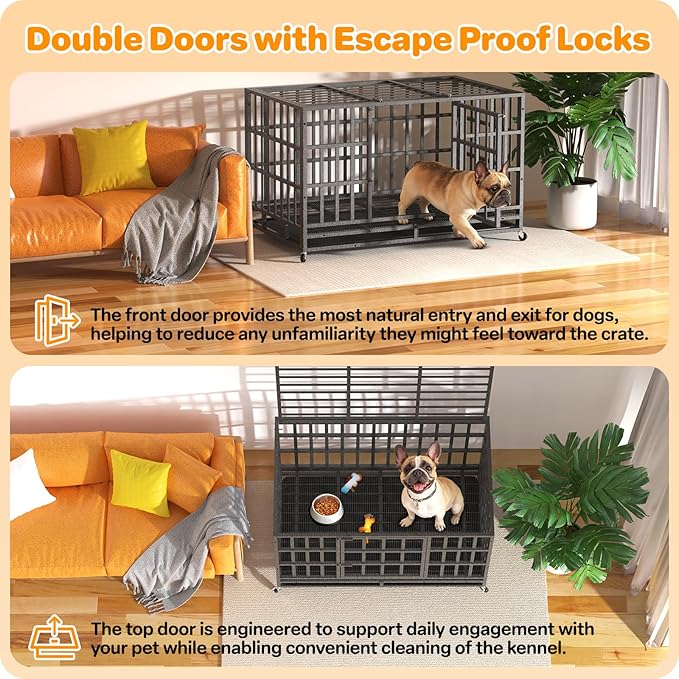Heavy Duty Indestructible Dog Crate 38 Inch with Removable Tray, Sizes & Colors Optional, Escape Proof Double Door High Anxiety Cage Indoor, Kennel with Wheels for Large Dogs, XL XXL XXL