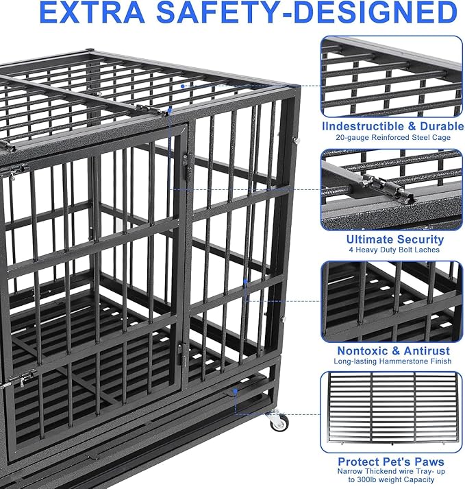 Confote 47 Inch Heavy Duty Dog Crate,High Anxiety Escape-Proof Steel Dog Crate Indestructible Dog Kennel for Medium to Large Dogs, with Lockable Wheels abd Removable Tray