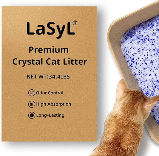 LaSyL Premium Crystal Cat Litter - 34.4 lb, Four Months Lasting - Superior Odor Control & Absorption, Non-Clumping, Low Tracking Silica Gel Safe for Pet, White & Blue (8 Bags of 4.3 lb)