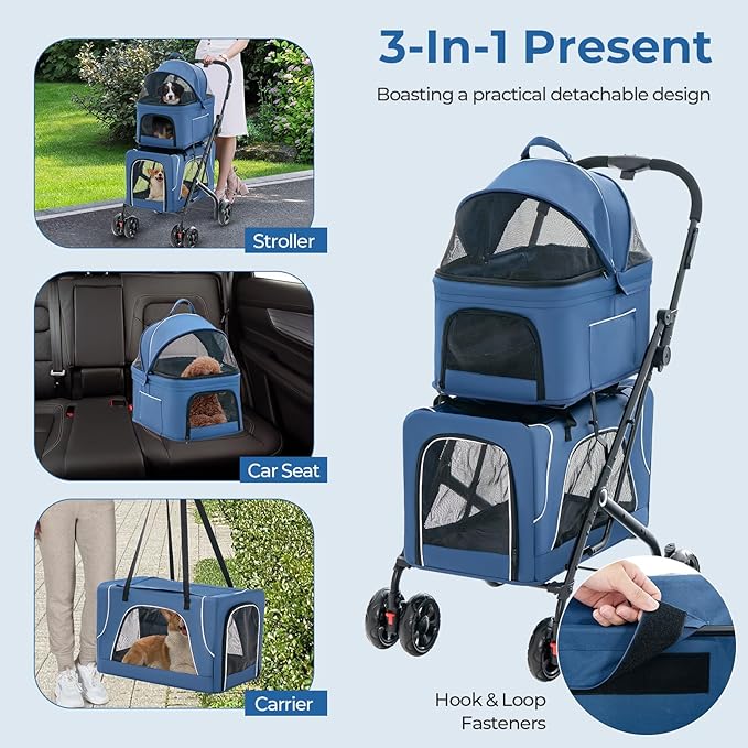 Giantex Double Dog Stroller for 2 Dogs, Detachable Carriers, Safety Belt, 4 Lockable Wheels, Pet Travel Carrier Strolling Cart, Folding Cat Stroller for Small Medium Pets Dogs (Blue)
