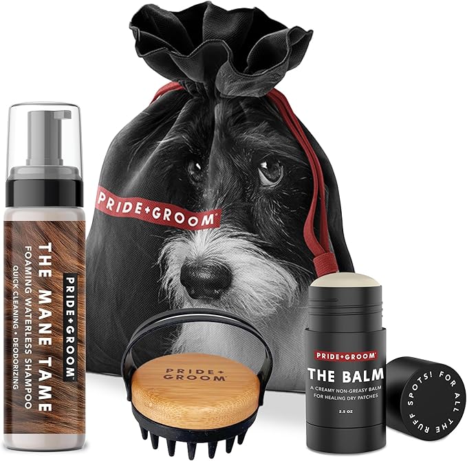 Pride and Groom The Tool Kit – Dog Grooming Gift set of 7.1oz of Foaming Waterless Shampoo, 2.5oz of Moisturizing Balm, and a Versatile Brush to Cleanse, Moisturize, Detangle and More in Between Baths