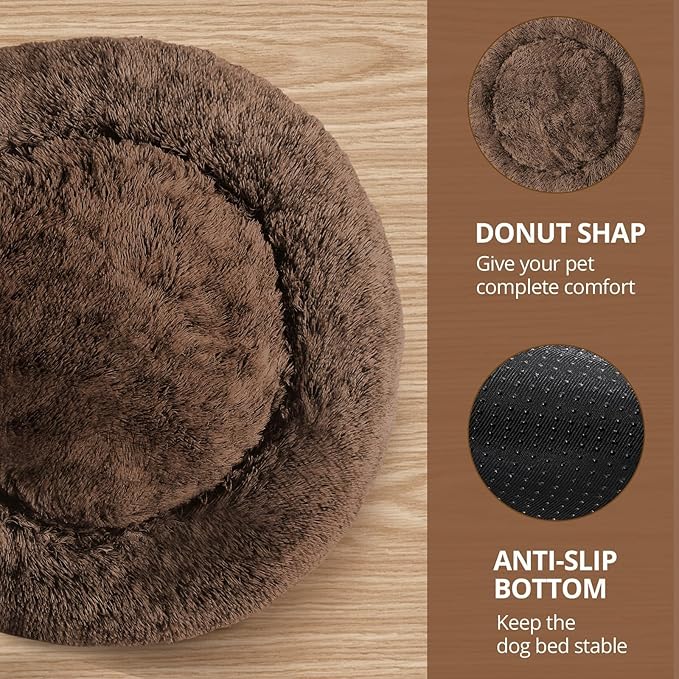 JOLLYVOGUE Calming Dog & Cat Bed for Large Dogs, Anti-Anxiety Donut Cuddler Cozy Soft Round Bed with Anti-Slip Bottom, Fluffy Faux Fur Plush Cushion Beds for Medium Dogs (36")