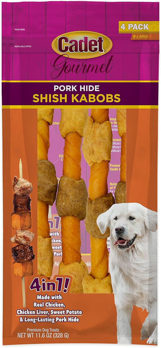 Cadet Gourmet Shish Kabob Dog Chews for Large Dogs, Rawhide Treats with Chicken and Sweet Potato, Healthy & Natural Pork Hide, 10-Inch Sticks, 4 Count