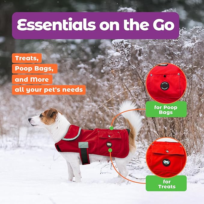 Joyride Harness FrostFlex Dog Winter Jacket - Fleece Lined & Water-Resistant - Snowsuit with Pockets for Treats & Poop Bags - Durable Cold Weather Dog Coat - Red Rush-M