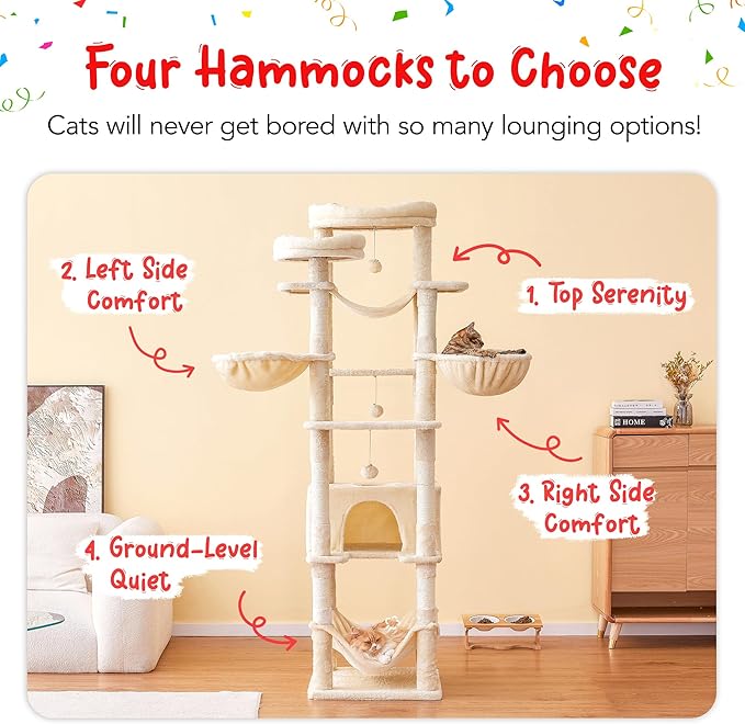 77-Inch Tall Cat Tree, Multi-Level Large Cat Tower with 4 Hammocks, 2 Padded Perches, Cat Condo, Sisal Scratching Posts and Hanging Toys for Adult Cats, Beige