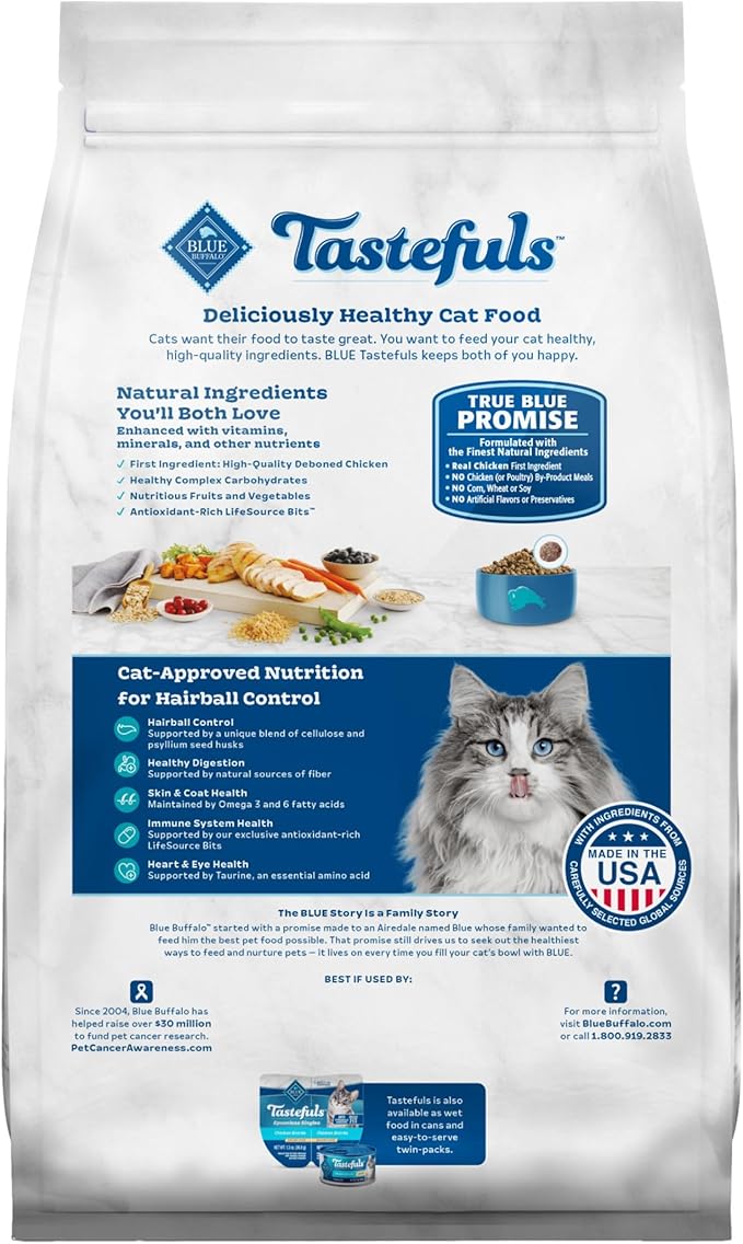 Blue Buffalo Tastefuls Adult Hairball Care Dry Cat Food, Made in the USA with Natural Ingredients, Chicken & Brown Rice Recipe, 3-lb. Bag