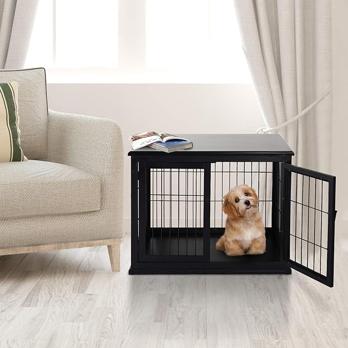 PawHut Dog Crate Furniture, Small Dog Cage End Table with Two Opening Sides, Lockable Door, Puppy Kennel Indoor, Cute and Decorative, Black