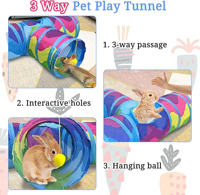 BNOSDM Bunny Tunnel, Collapsible 3 Way Rabbit Tunnels Portable Guinea Pig Tunnel Hideout, Small Animals Activity Tubes with Chew Toys for Kitten Rabbit