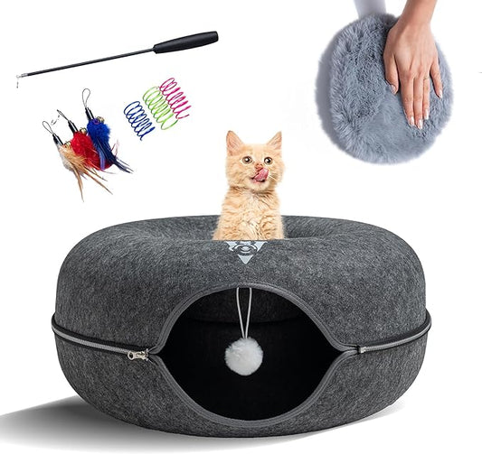 Premium Large Size 24 Inch Cat Tunnel Bed - With Upgraded Metal Zipper - Detachable Round Design - Washable - and Scratch Resistant - Includes 3 Toys and Removable Cushion