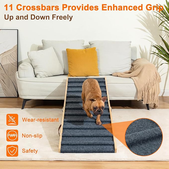 Clikuutory 2025 Upgraded Dog Ramp for Couch, 59" Foldable Small Dog Ramp for Bed, 5 Adjustable Height from 15" to 32", Portable Stable Pet Steps with Anti-Slip Carpet for Low Bed Couch Stairs, Wood