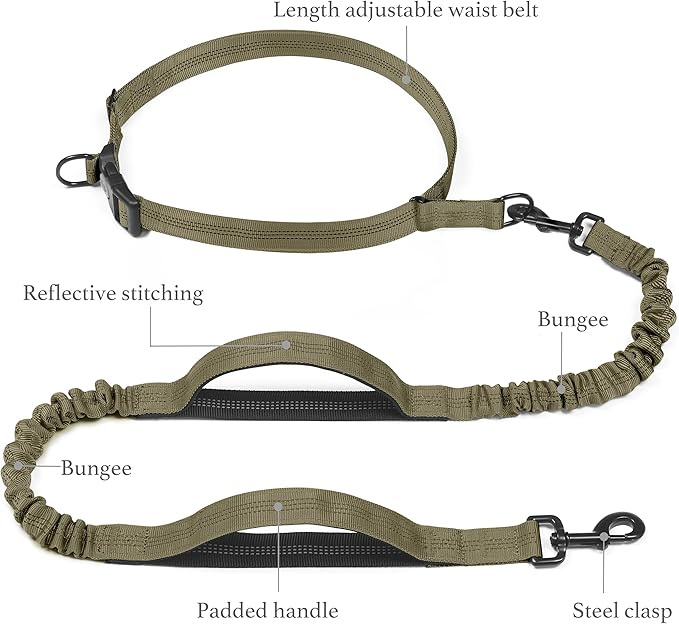 iYoShop Retractable Hands Free Dog Leash - Dual Handle Bungee Waist Leash for Small, Medium and Large Dogs (Medium/Large, 25-150 lbs, Military Green)