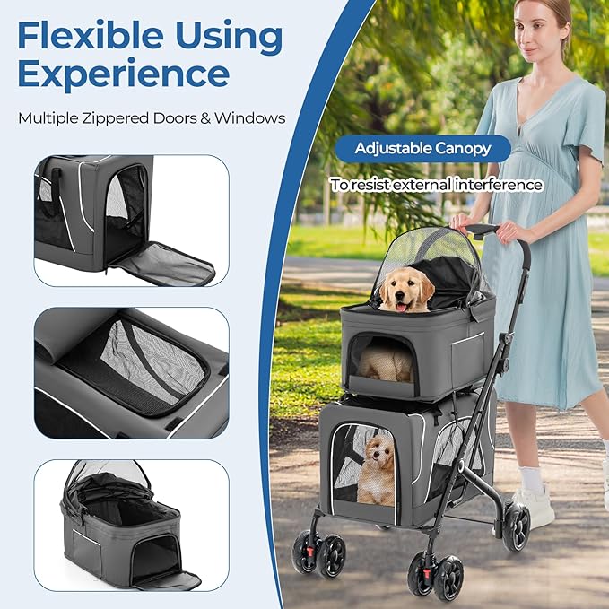 Giantex Double Dog Stroller for 2 Dogs, Detachable Carriers, Safety Belt, 4 Lockable Wheels, Pet Travel Carrier Strolling Cart, Folding Cat Stroller for Small Medium Pets Dogs (Gray)