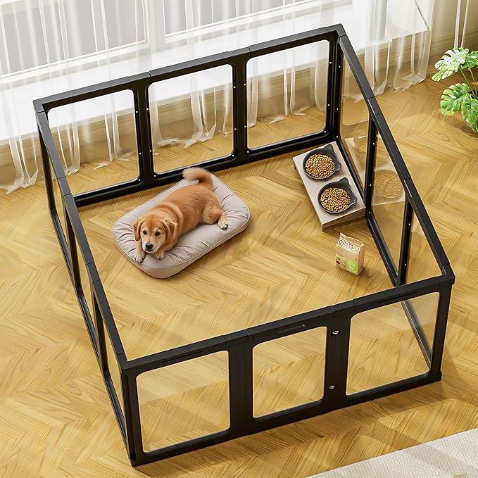 Jalove 12PCS Dog Playpen Clear Puppy Playpen Indoor, 30" H Easy Assemble Transparent Small Pet Play Pen, Sturdy Plastic Dog Fence Crate Kennel Whelping Cage Enclosure for Small to Medium Dog, Black