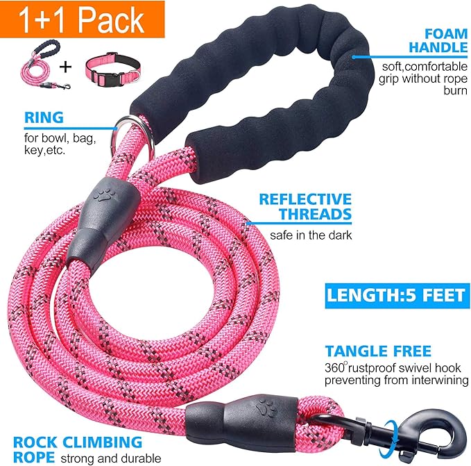 Reflective Dog Collar Padded with Soft Neoprene Breathable Adjustable Nylon Dog Collars for Small Medium Large Dogs (Large (Pack of 1), Pink Collar+Leash)