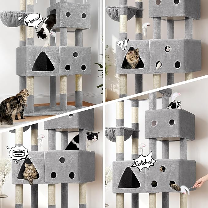Globlazer Extra Large Cat Tower, 81-inch Tall Cat Tree for Big Cats 20 lbs, XXL Heavy Duty Cat Scratching Tower for Indoor Adult Cats with 3 Cat Condos, 8 Scratching Posts, F81, Light Grey