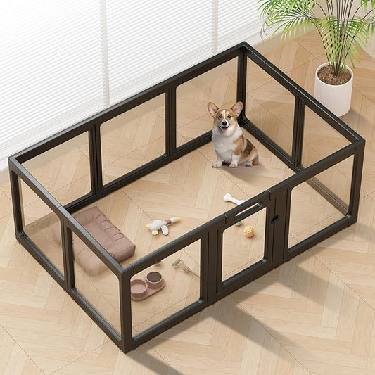 Clear Acrylic Dog Playpen Indoor, Puppy Cat Small Pet Play Pen, Pet Cat Foldable Playpen for Rabbits, Dog Fence Crate Kennel Whelping Cage (Black, 10 Panel)