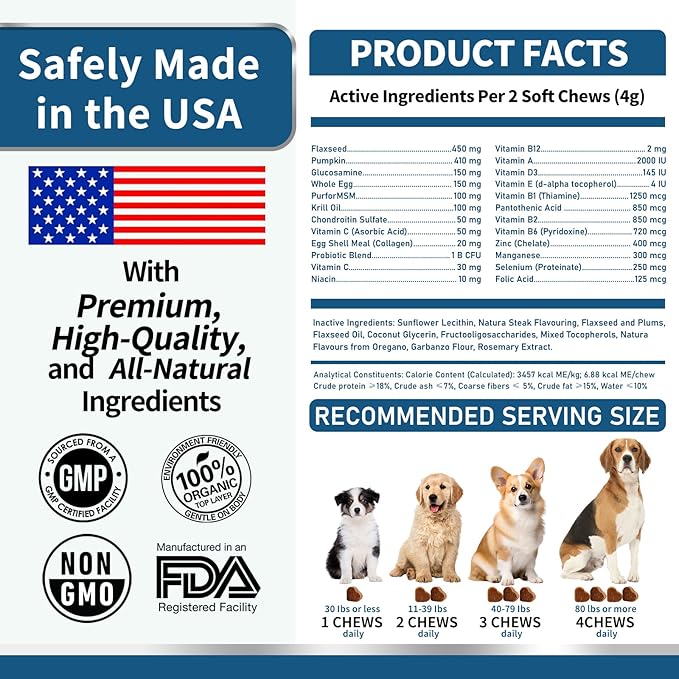 Dog Multivitamin, Glucosamine Chondroitin for Dogs, Krill Oil, Probiotics, Dog Vitamins and Supplements for Heart, Hip & Joints, Immune Health, Digestion, Skin, Coat (180 Chews, Wagyu Beef)