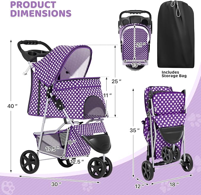 Magshion 3-Wheel Pet Stroller, Foldable Travel Jogger for Small & Medium Dogs & Cats (Up to 33lbs), Lightweight Carrier with Breathable Mesh Cover, Cup Holder & Storage Basket, Purple Polka Dots