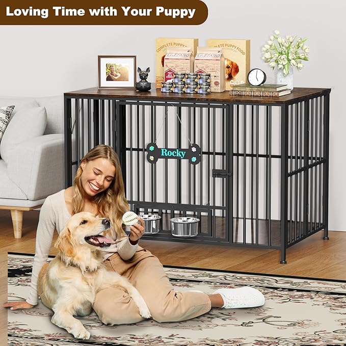 Easycom 43" Dog Crate Furniture Foldable, No Assembly Decorative Dog Kennel Indoor, XL Dog Crates for Large Dogs (60-80 lbs), Wooden Dog Cage with Adjustable Bowls and Name Tag, Rustic Brown